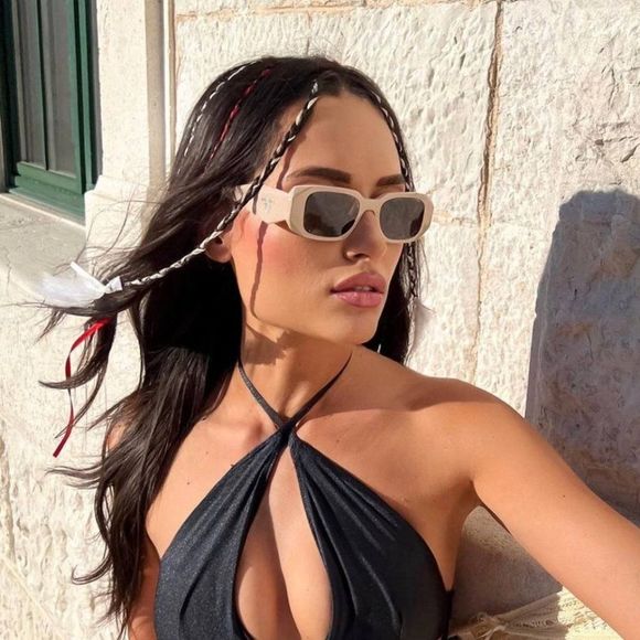 Prada PR17WS VYJ6X1 Sunglasses Powder Beige Brown Rectangle Unisex - Picture 14 of 15